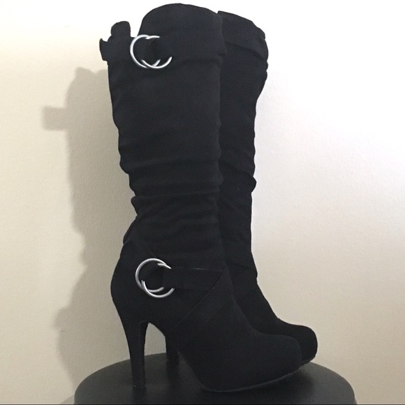 Deb Shoes - Deb Ladies Suede Knee High Heeled Boot Black